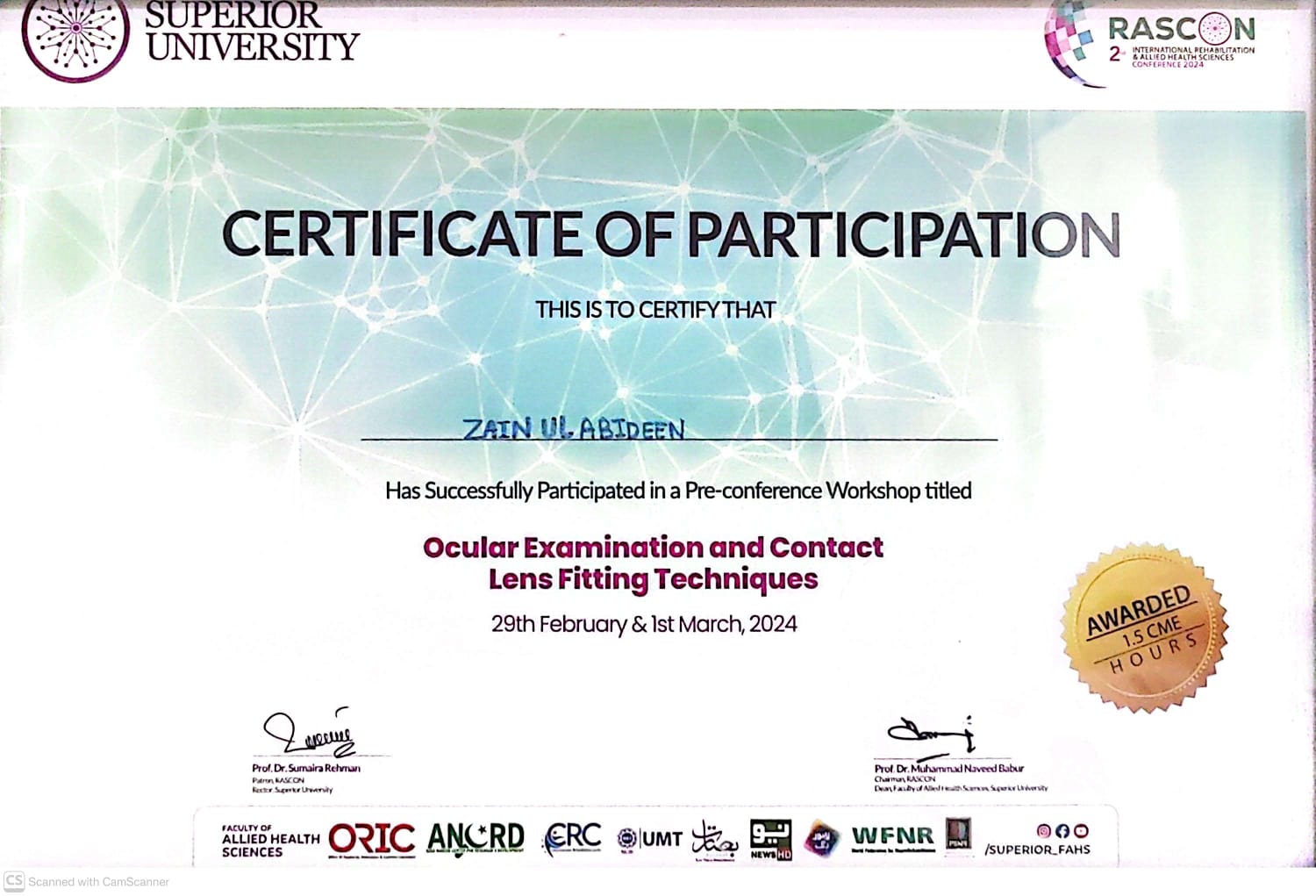 Certification of Dr. Zain ul Abidin