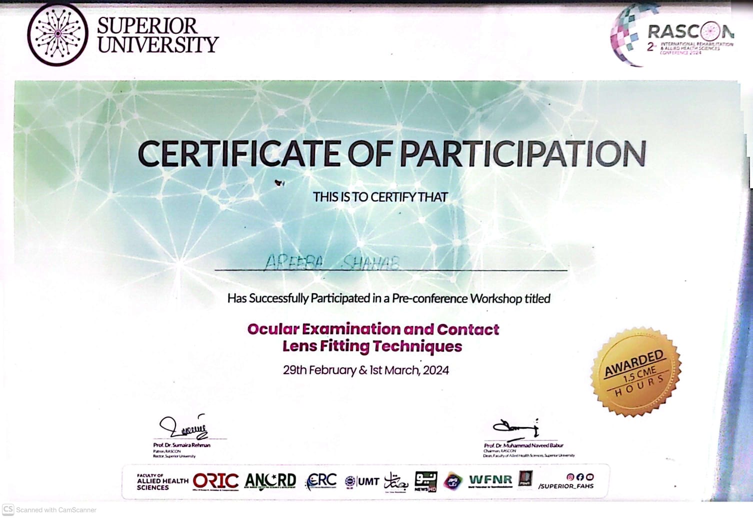 Certification of Dr. Areeba Shahab