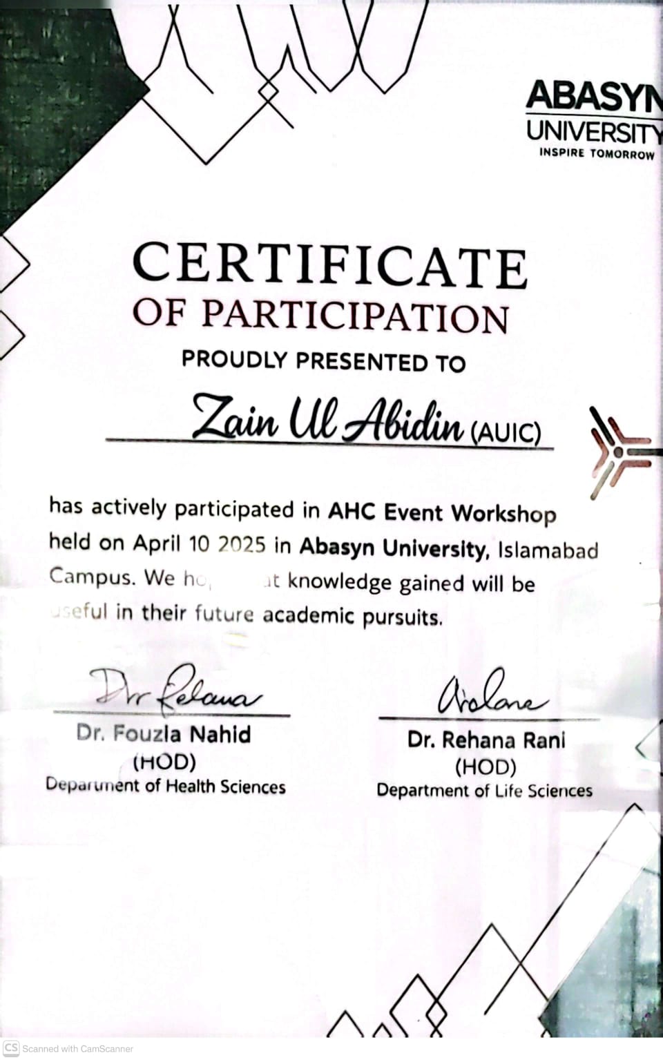 Certification of Dr. Zain ul Abidin