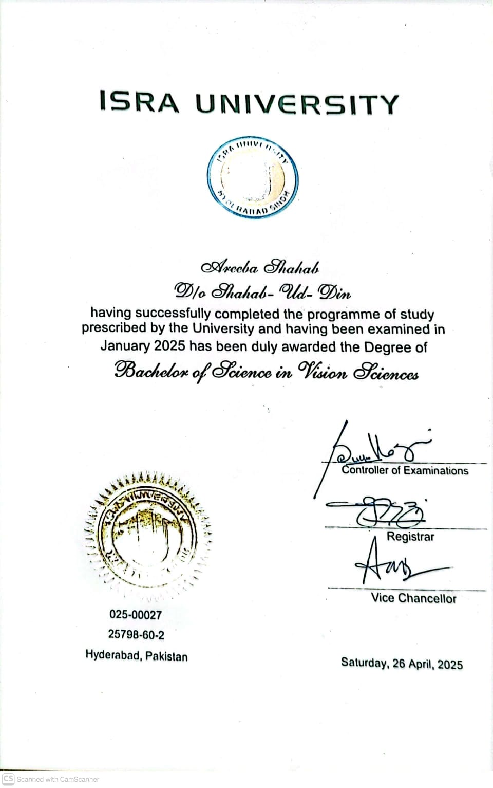Certification of Dr. Areeba Shahab