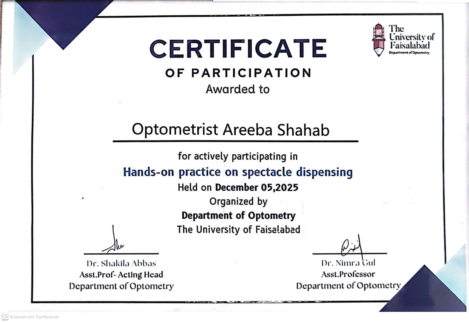 Certification of Dr. Areeba Shahab